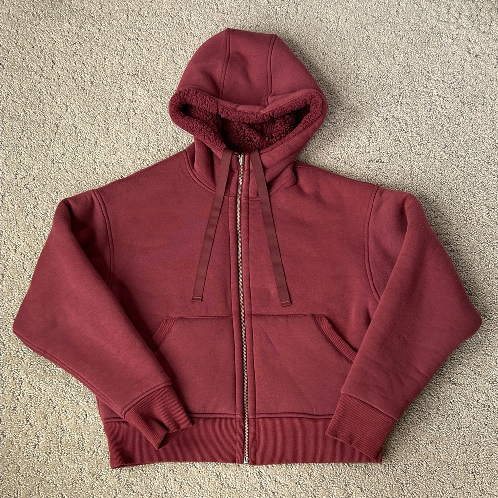 Athleta Sherpa Hoodie Jacket Reversible Fleece Cropped Zip-up Coat Burgundy S - Picture 2 of 13